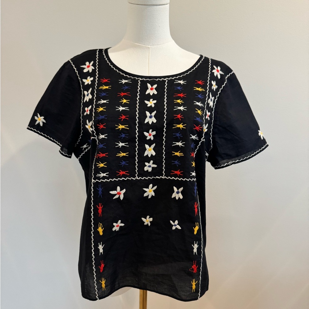 Madewell Black Blouse with Multicolor Embroidery